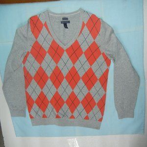 Tommy Hilfiger Womens L Argyle V neck Long Sleeve Pullover 100% cotton Sweater
